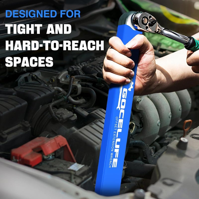 Gocelufe Offset Extension Wrench Impact - Tight Reach Wrench Set with Universal Square Drive Adapters (1/4", 3/8", 1/2") - Ideal for Tight Spaces - Unique Stocking Stuffers for Mechanics (Blue) - Image 4